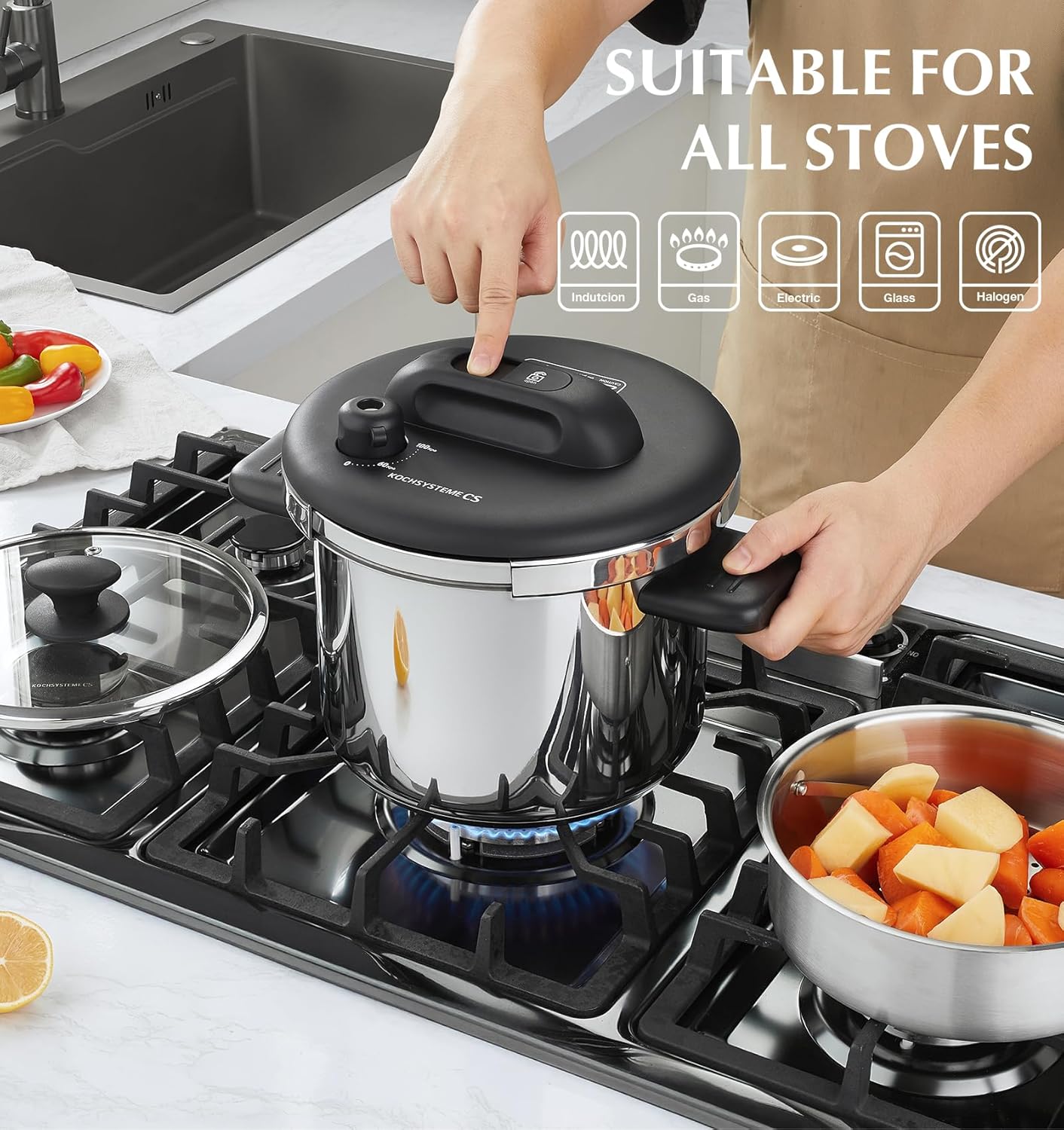 Stainless Steel 6.3 QT Olla de Presion, Easy One - Press Lock, 3 PSI Settings Pressure Cooker - Dinner Ideas Collective