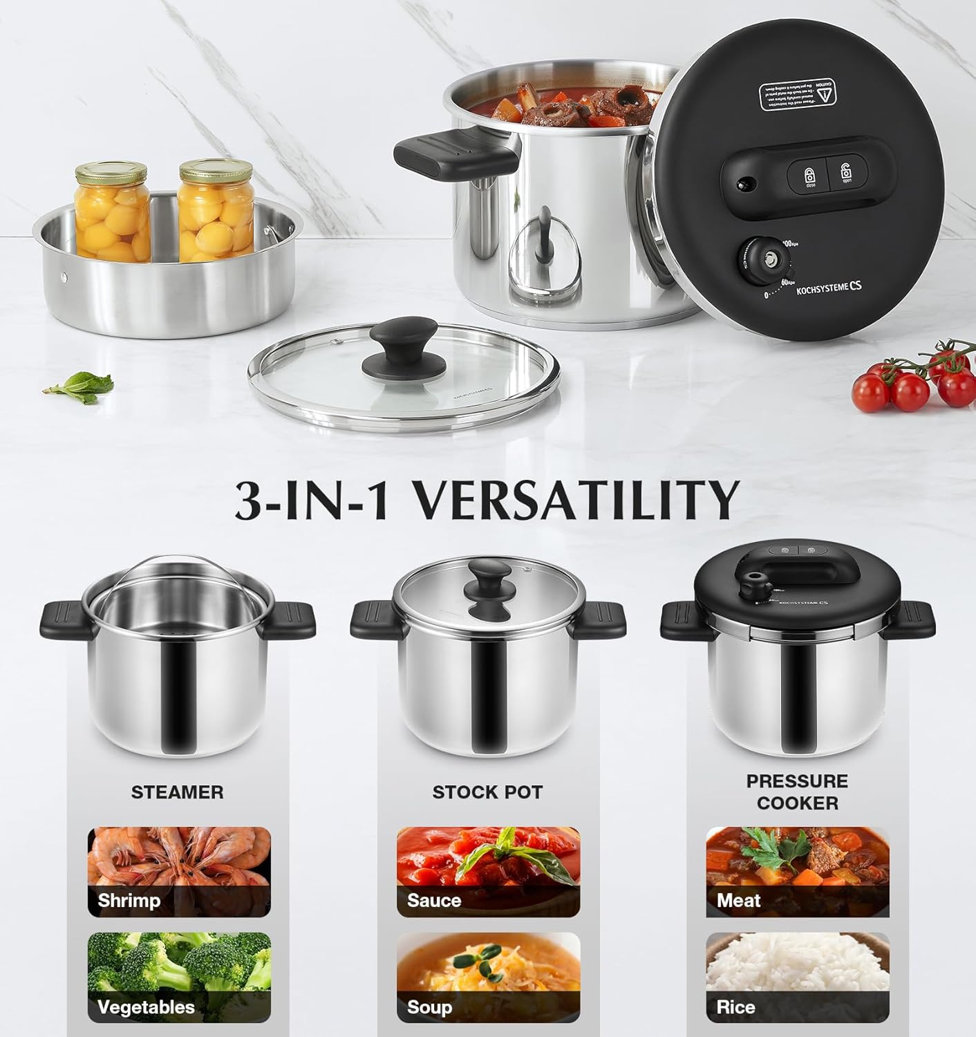 Stainless Steel 6.3 QT Olla de Presion, Easy One - Press Lock, 3 PSI Settings Pressure Cooker - Dinner Ideas Collective