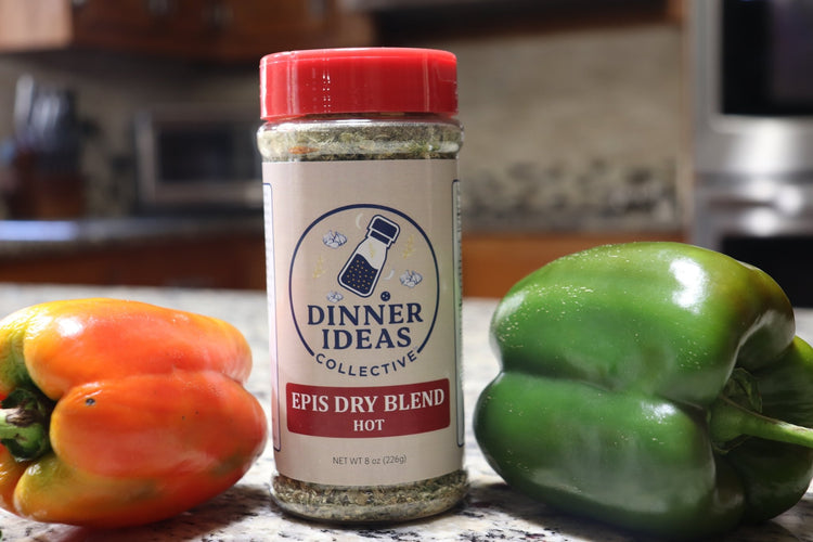 Dinner Ideas Epis Dry Blend seasoning jar with peppers on a kitchen counter