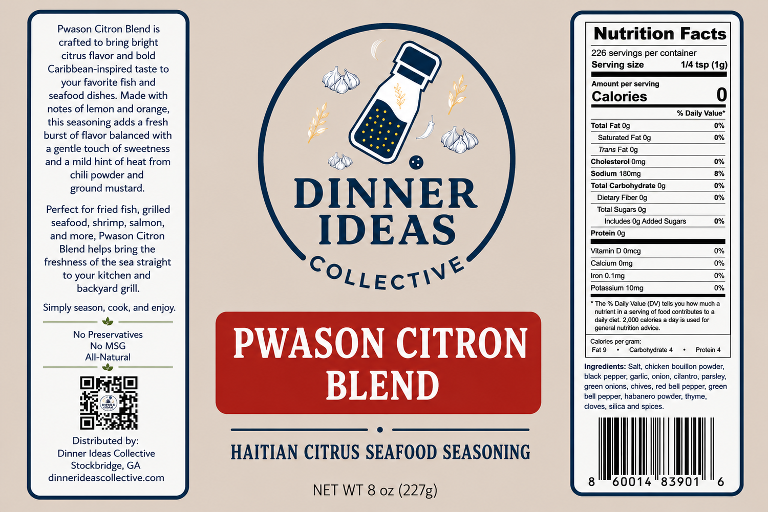 Dinner Ideas Collective PWASON CITRON BLEND seasoning label on a beige background