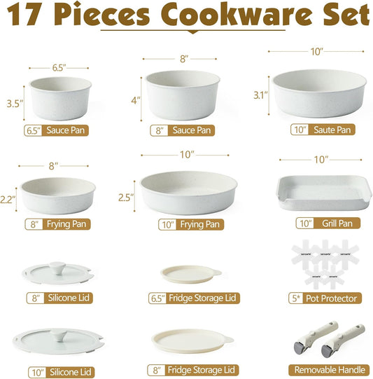 SENSARTE 17 - Piece Nonstick Pots and Pans Set with Detachable Handles - Dinner Ideas Collective