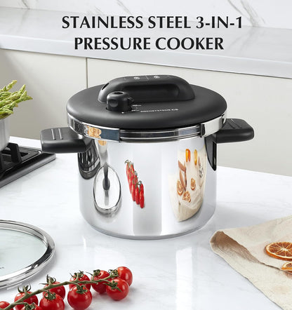 Stainless Steel 6.3 QT Olla de Presion, Easy One - Press Lock, 3 PSI Settings Pressure Cooker - Dinner Ideas Collective